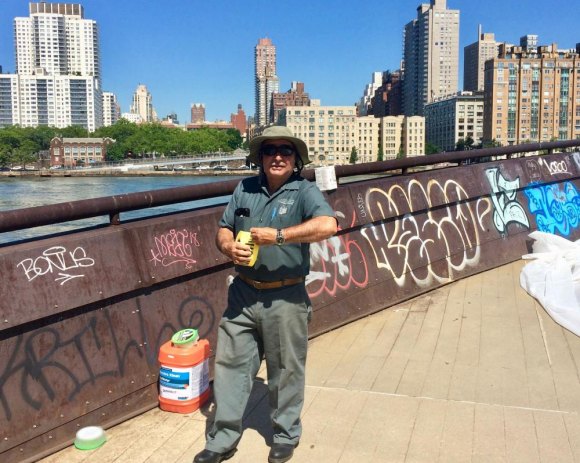 Roosevelt Island Year in Pictures, 2018: Part Two After years of graffiti build up, RIOC tried an innovative approach to cleaning up The Prow along the West Promenade.